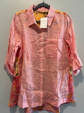 Soft Surroundings Pink Striped & Yellow Floral Mixed-Print tunic